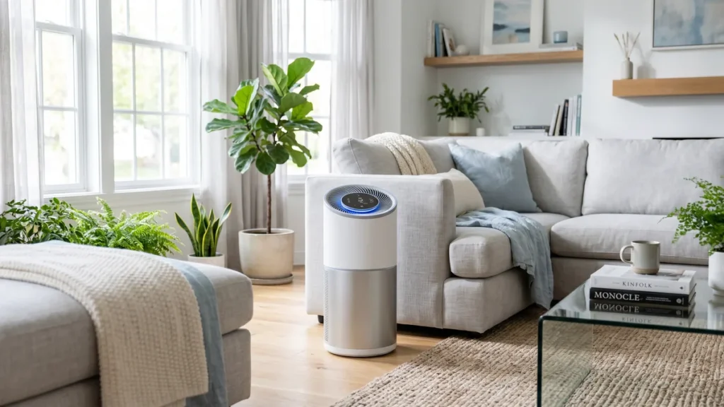 Air purifier cleaning the air in a bright living room