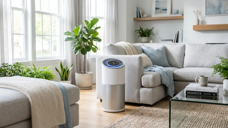 Air purifier cleaning the air in a bright living room